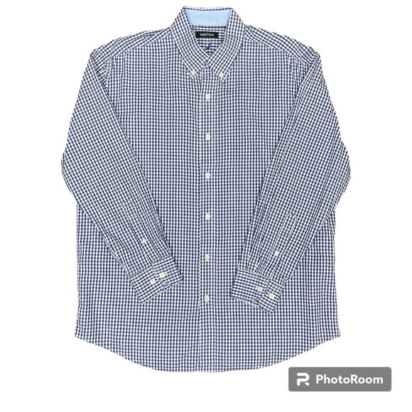 Men's NAUTICA Blue/White Gingham Button Down Long Sleeve Shirt- Size Large - Picture 1 of 10